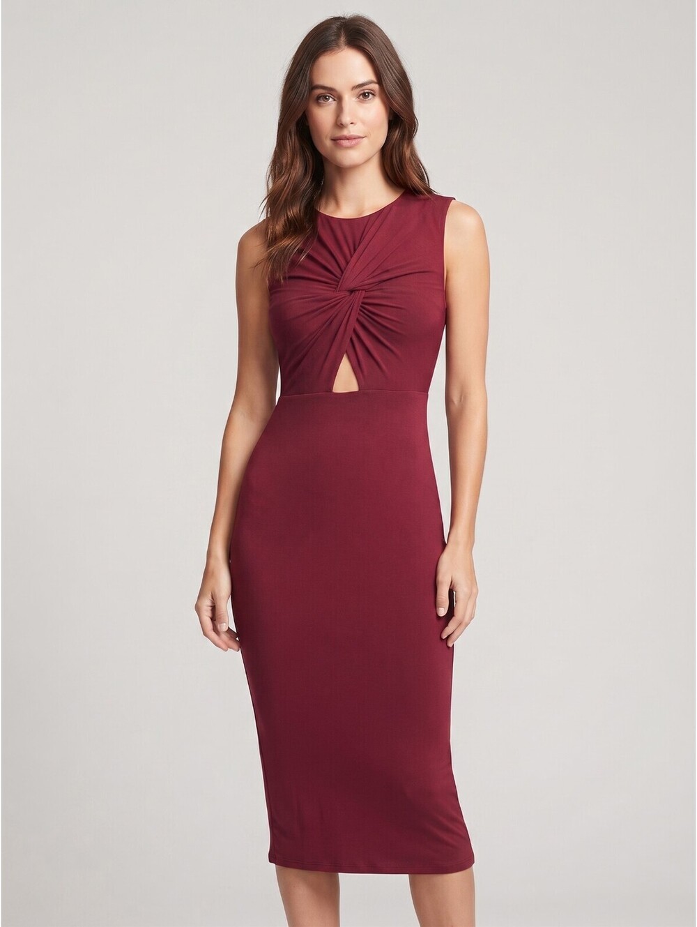 Bailey 44 Petite XXS Twist Cutout Midi Dress Burgundy Red Sleeveless Bodycon